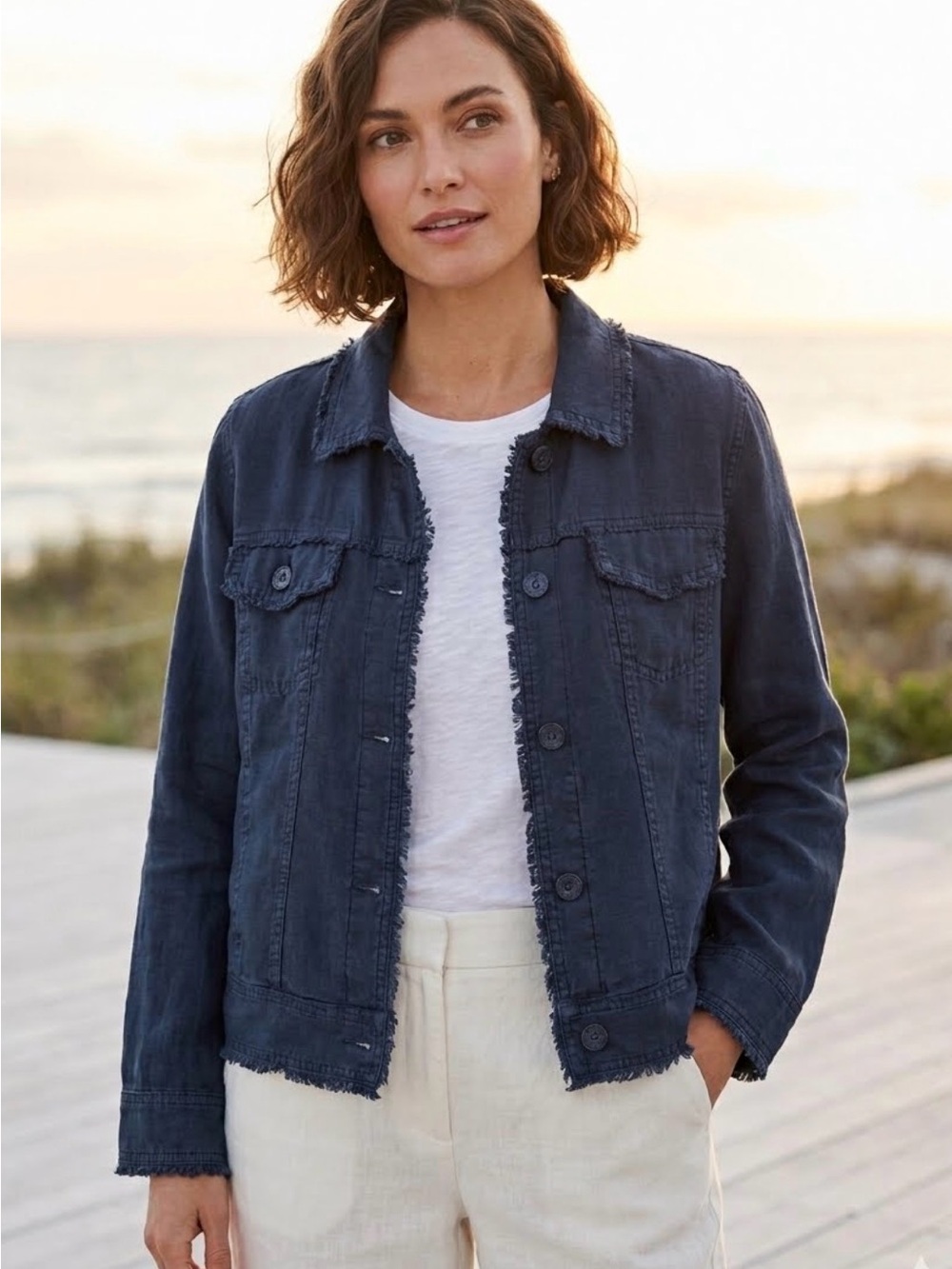 Tommy Bahama Navy Two Palms Linen Raw-Edge Jacket Shacket  S